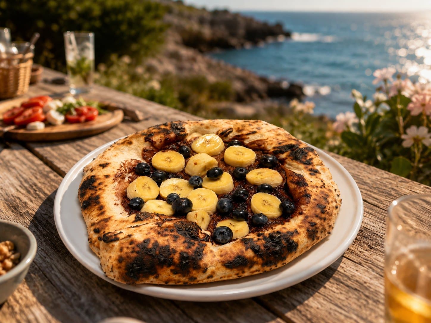 Nutella pizza with banana and blueberries